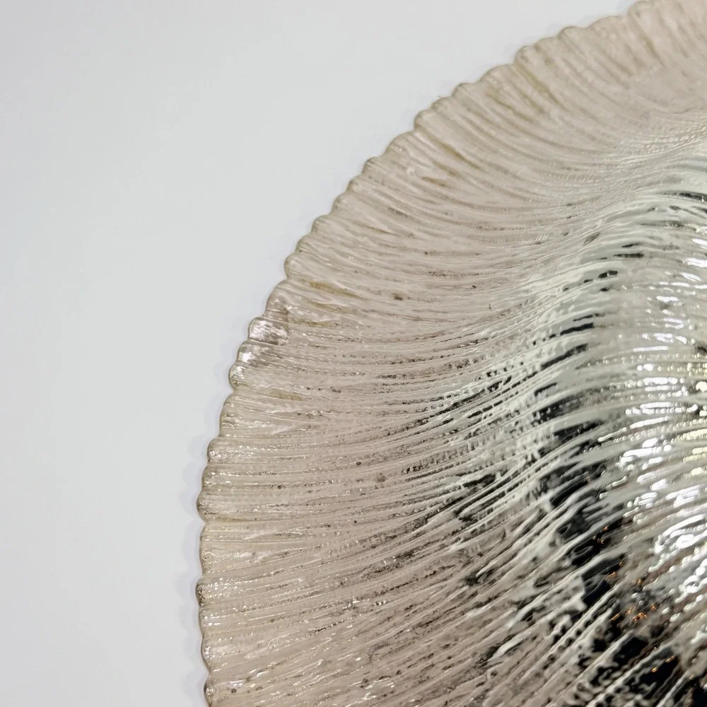 Champagne Pink Foil Art Textured Glass Centerpiece Bowl Ribbed 12 Inch Round